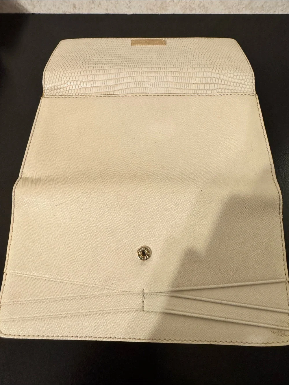 henri bendel ivory croc-embossed continental wallet with gold plaque